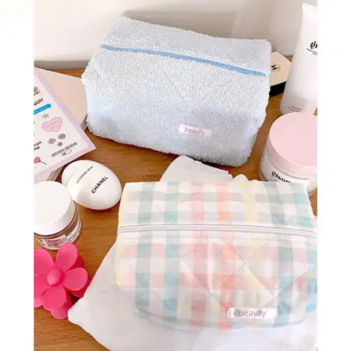 Wholesale Towel Fabric Cosmetic Bag | Soft Makeup Organizer in Light Blue for Beauty Brands & Retailers